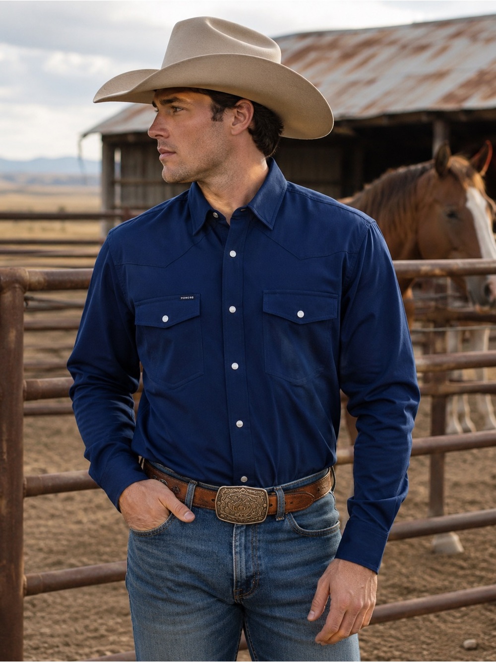 Poncho Western Shirt Slim Fit Navy Performance Stretch Pearl Snap Rodeo Size M